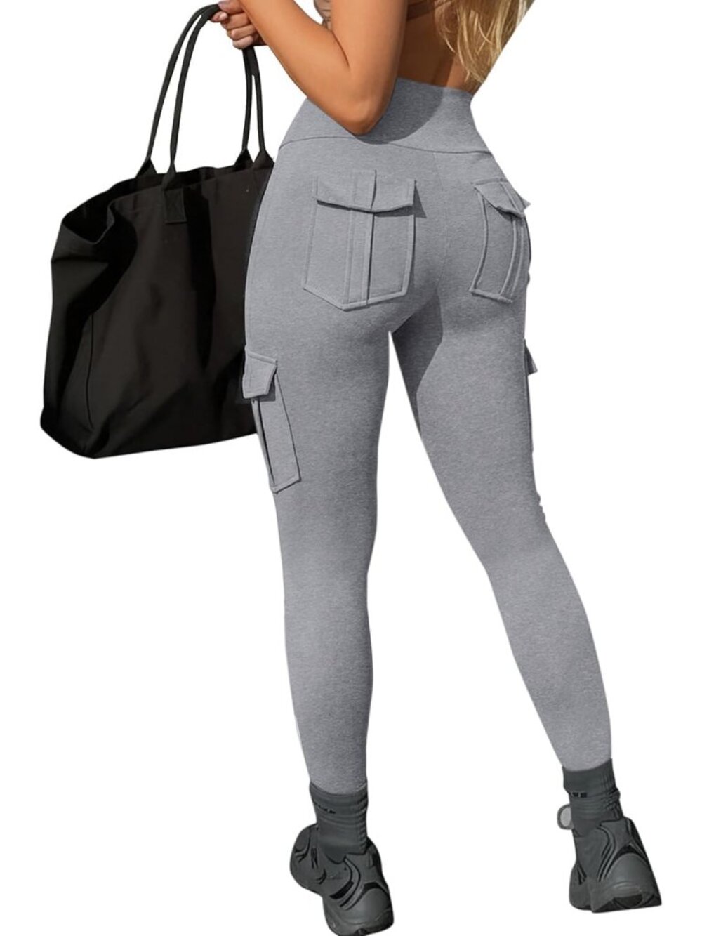 Women's Grey High Waisted Tummy Control Running Workout Leggings with Pocket